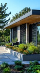 Modern house exterior with lowered blinds surrounded by lush garden