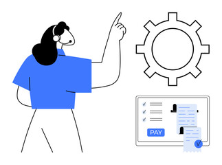 Businesswoman with headset pointing at gear icon, near a screen showing payment processing with paid receipts. Ideal for finance, customer service, tech support, online payments, automation, workflow
