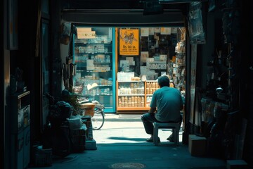 Fototapeta premium Shopkeeper sitting outside his grocery store in a dark alley