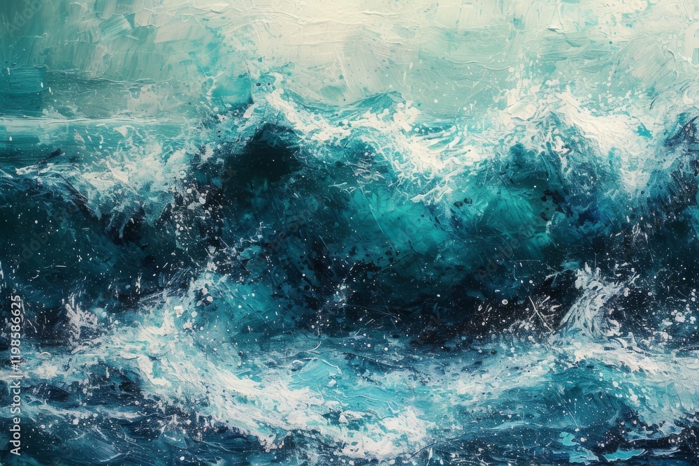 Poster a dynamic display of teal and marine blue waves crashing energetically against each other, creating 