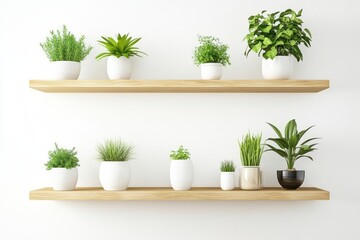 Green Plants in White Pots on Wooden Shelves
