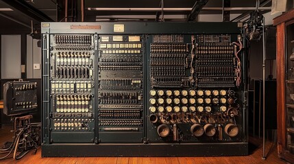 creative depiction of the first computer, the ENIAC, with labeled switches and early programming tools
