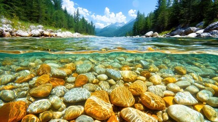 Crystal-clear river flows through alpine valley, sunlit rocks underwater, mountain backdrop. Nature travel photography