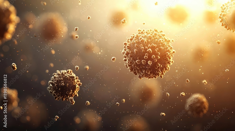 Poster dust pollution idea. close-up of intricate virus structures illuminated by soft light particles.