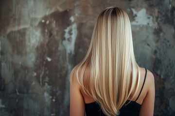 Naklejka premium A beautiful woman with long straight hair stands elegantly against a textured wall, highlighting her features in soft light during a serene afternoon