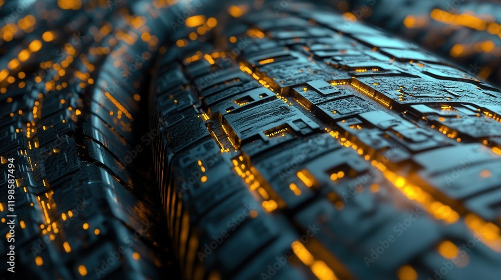 Poster rendering of tire tread analysis, showing imprints and comparisons to a database