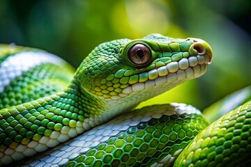 Obraz premium Green Snake with White Stripes, Reptile, Wildlife, Nature Stock Photo
