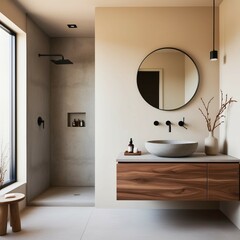 "Modern minimalist bathroom interior with a warm, neutral color palette, featuring a round mirror above a floating wooden vanity with a stone vessel sink. The space includes a walk-in shower with a co
