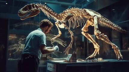 visualization of a paleontologist reconstructing a dinosaur skeleton in a museum exhibit