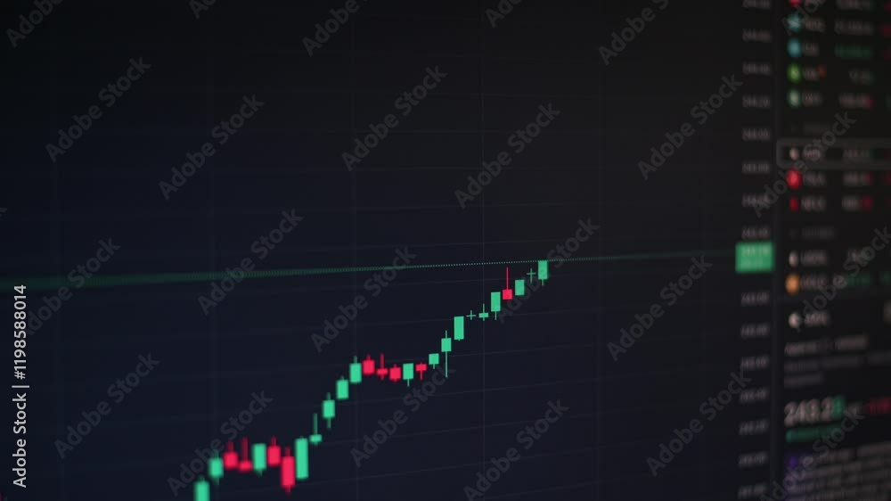 Poster a candlestick chart showing a steady upward trend on a stock trading platform screen.