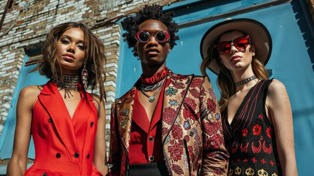 Fashion showcase featuring three models in vibrant outfits in an urban setting