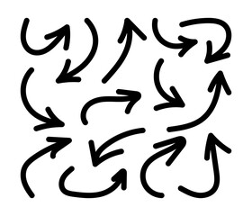 Hand drawn curve arrow set. Black doodle icons isolated on white background. Vector illustrations collection