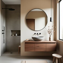 "Modern minimalist bathroom interior with a warm, neutral color palette, featuring a round mirror above a floating wooden vanity with a stone vessel sink. The space includes a walk-in shower with a co