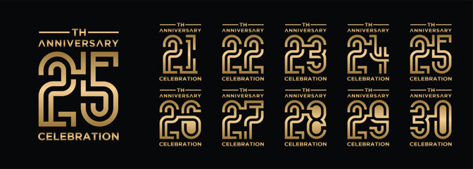 Naklejka premium anniversary collection 21 to 29 years gold color, creative number design vector illustration. for birthday, greeting, special moment