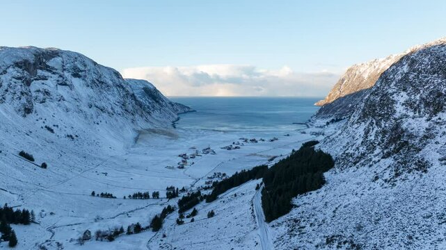 Aerial view of the road down to famous surfing spot Hoddevik