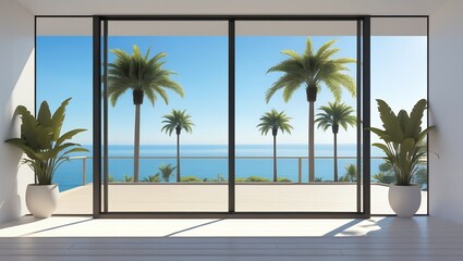 big wide empty room of a luxury tropical house with beach and palms view through glass doors 