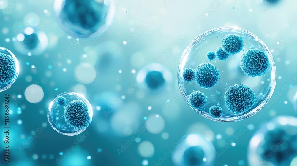 Aufkleber dust pollution idea. close-up view of blue cells floating in a scientific environment with a soft fo