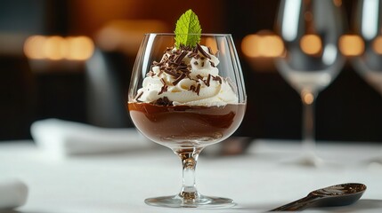 decadent chocolate mousse served in an elegant glass cup, topped with whipped cream and chocolate shavings, garnished with a mint leaf
