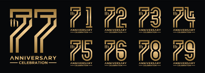 anniversary collection 71 to 79 years gold color, creative number design vector illustration. for birthday, greeting, special moment