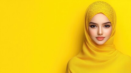 Joyful Muslim Woman in Yellow Hijab: UAE Studio Portrait of Middle Eastern People Celebrating Islam and Religious Diversity