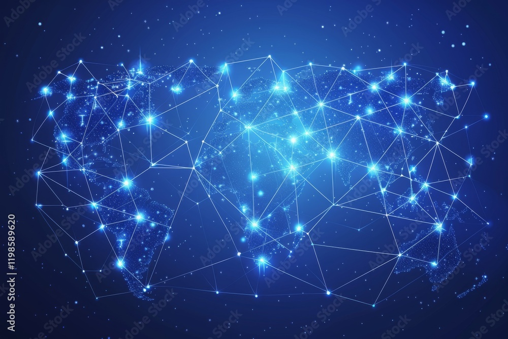 Poster a polygon world map showcasing blockchain technology and digital connections with glowing nodes agai