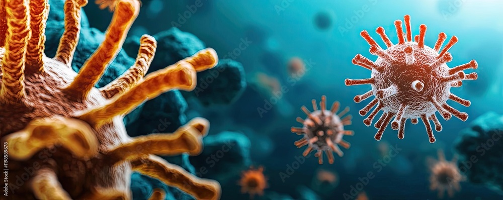 Poster dust pollution idea. close-up view of virus particles in a microscopic environment.