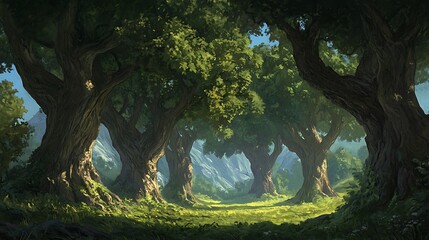 Fototapeta premium Sunlit path through a grove of ancient, majestic trees in a tranquil valley landscape.