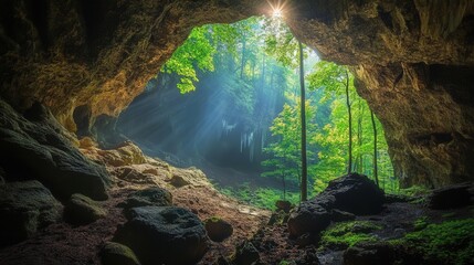 deep cave entrance surrounded by dense forest, with the dark interior