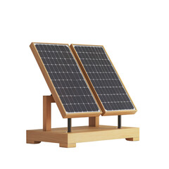 A dual solar panel system mounted on a simple wooden stand against a white background.