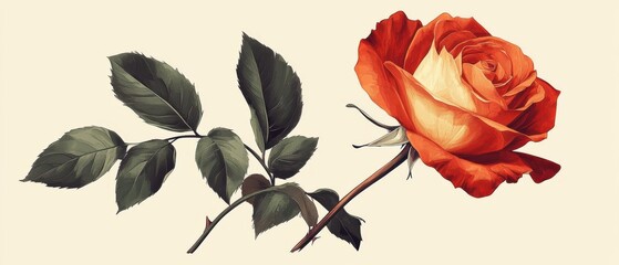 Vibrant Orange Rose Bloom with Green Leaves on Cream Background