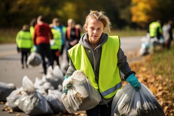 Student volunteers in vibrant yellow vests participate in a school cleanup drive along a roadway in autumn, collecting trash and beautifying the environment