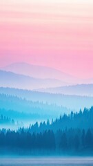 Obraz premium Pastel Gradient Landscape With Soft Blue and Pink Hues Over Misty Mountains and Forests. Generative AI