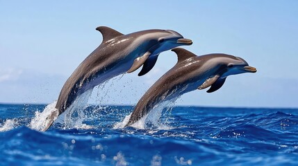Dolphins leaping ocean, sunny day, wildlife, marine life, nature background, travel brochure