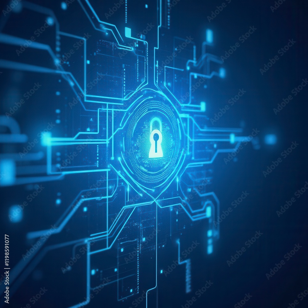 Poster abstract cyber security concept with a padlock icon, network data and dynamic lines on a light blue 