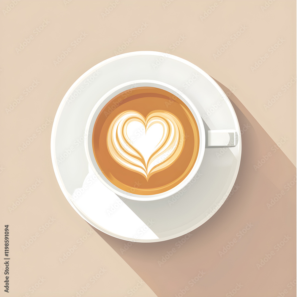Poster a latte with a heart design in the foam on a white saucer