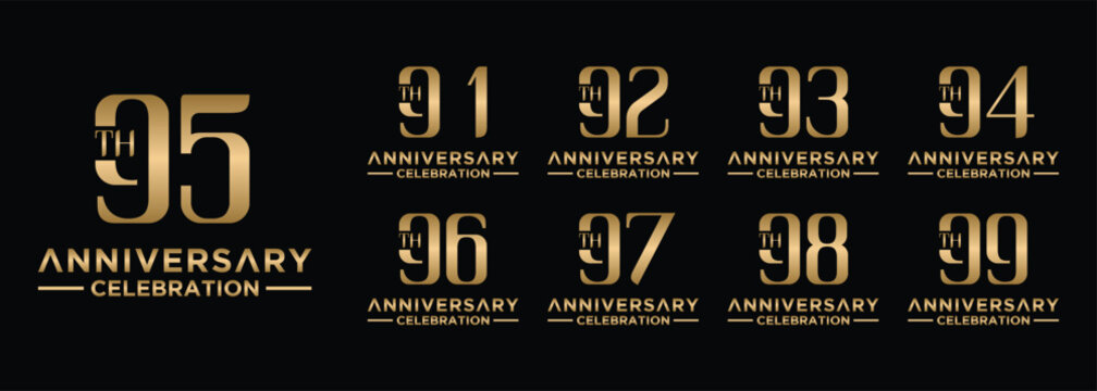 anniversary collection 91 to 99 years gold color, creative number design vector illustration. for birthday, greeting, special moment