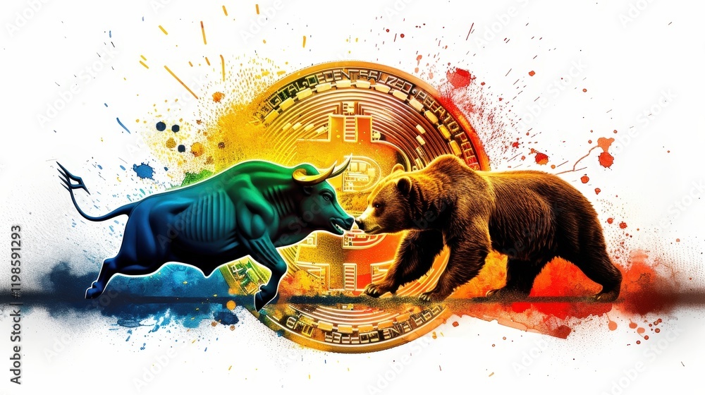 Poster dynamic bull and bear clash in front of a colorful bitcoin symbol