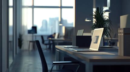 Fototapeta premium Serene Evening Office: Laptops and City Skyline