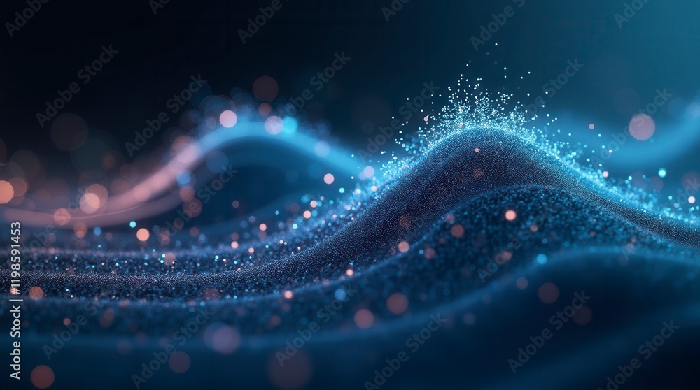 Poster abstract wave with moving dots and lines. flow of particles. cyber technology illustration