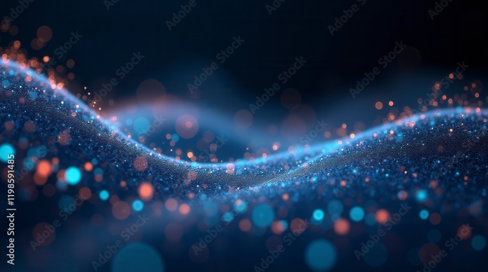 Poster abstract wave with moving dots and lines. flow of particles. cyber technology illustration