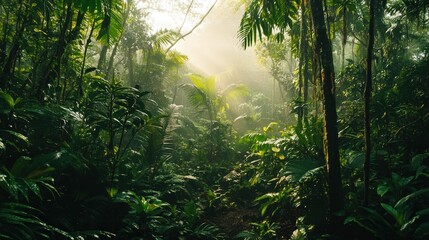 dense jungle scene, with thick vines hanging from trees and the air thick with humidity