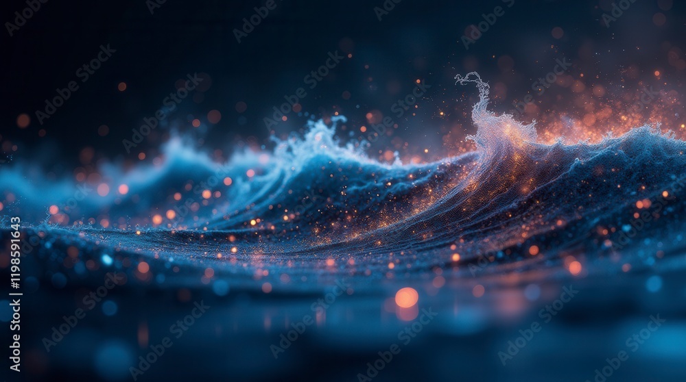 Poster abstract wave with moving dots and lines. flow of particles. cyber technology illustration
