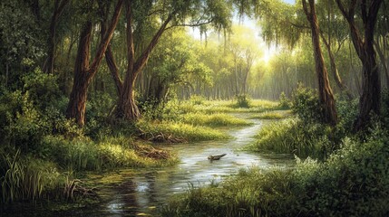 Fototapeta premium dense marsh with a slow-moving creek, surrounded by willows and lush vegetation, creating a peaceful haven for wildlife