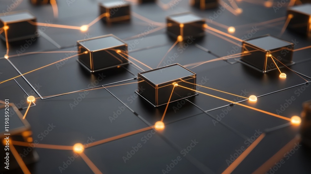 Poster abstract network: interconnected cubes and glowing lines