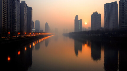 Fototapeta premium river running through cityscape at sunset, reflecting buildings and lights