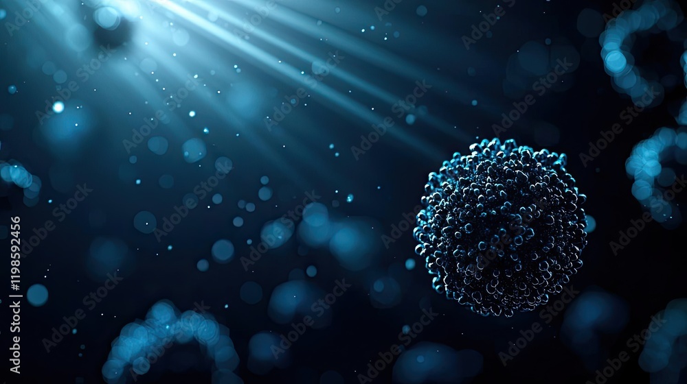 Aufkleber dust pollution idea. close-up view of microscopic cells illuminated by soft blue light in deep water