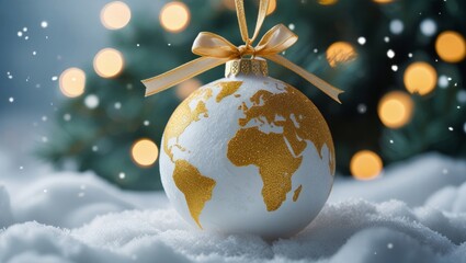 Christmas globe with gold ribbon on snow and bokeh background