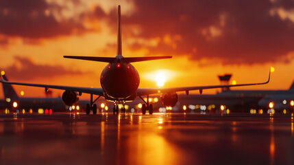 stunning sunset view of airplane at airport, capturing travel vibes