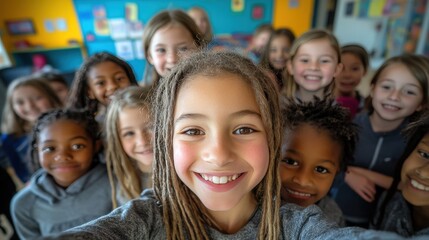 Obraz premium A selfie of happy children smiling and looking at the camera, with their friends around them in an elementary school classroom.