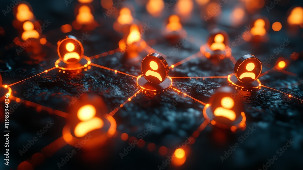 Poster a digital network with glowing orange user icons connected by lines on a dark background.